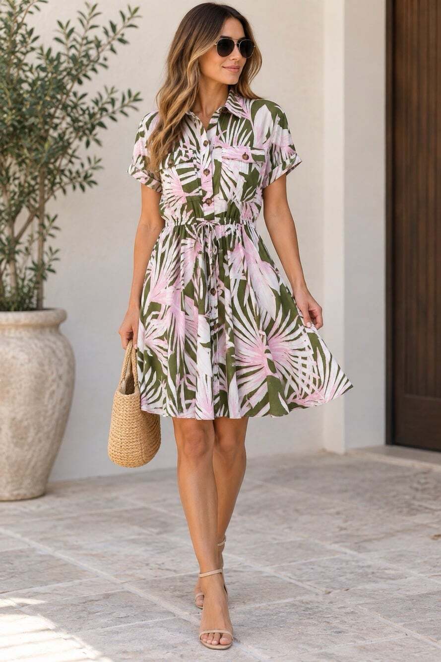 LOFT Tropical Palm Print Drawstring Waist Shirt Dress Size Small